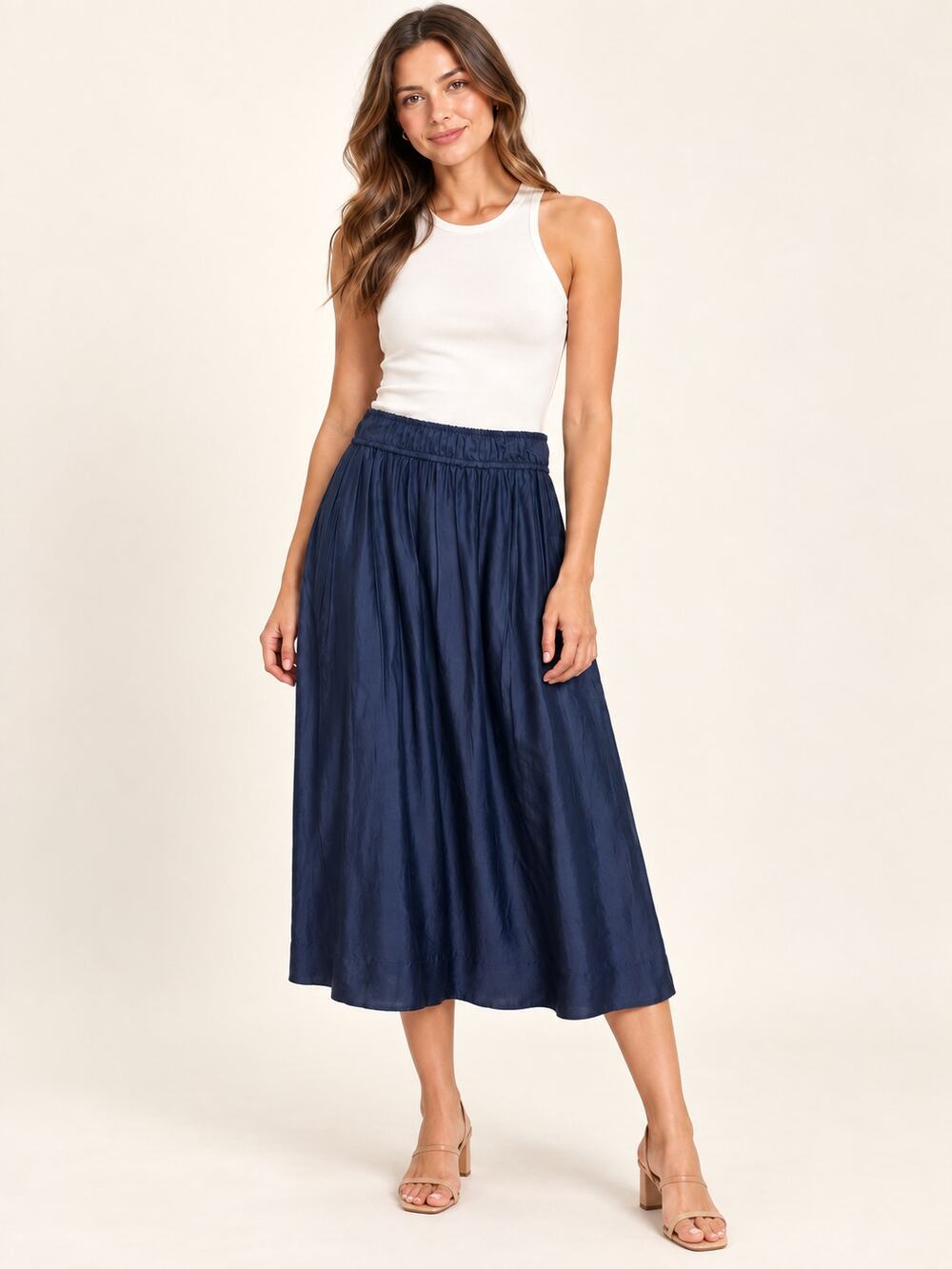 Pharaoh Collection Navy Midi Skirt S Lyocell Elastic Waist Pockets Made USA